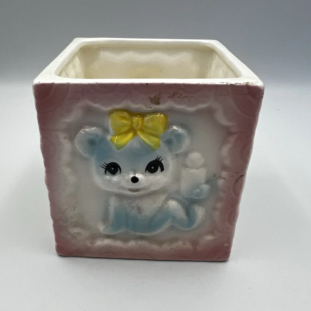 Vintage MCM Pastel Pink Baby Block Nursery Bear Bunny Lamb Planter Ceramic Japan